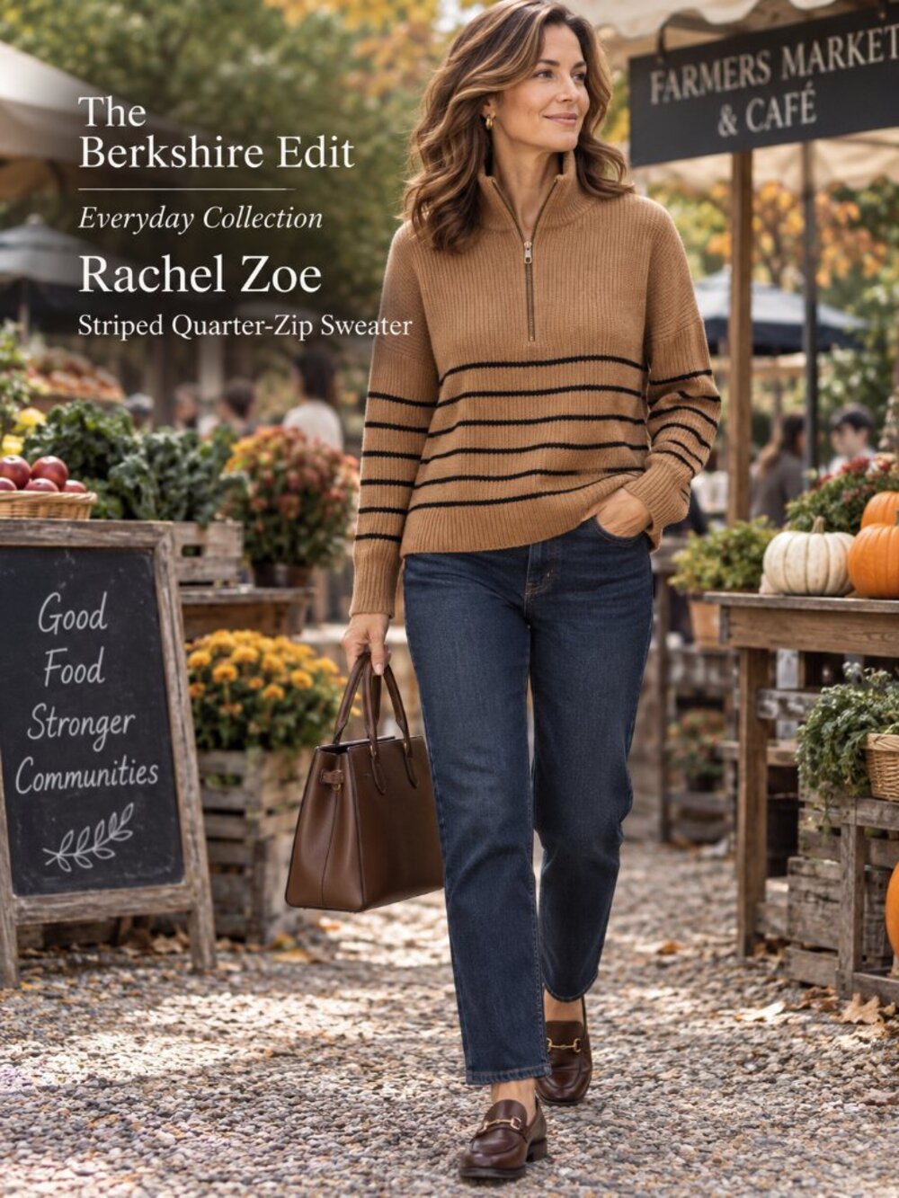 Rachel Zoe Camel Black Striped Quarter Zip Cotton Blend Sweater Large